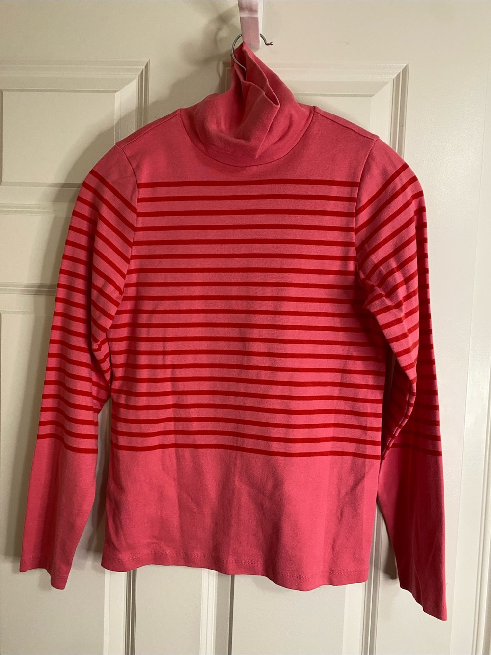 J. Crew Coral Pink and Red Striped Turtleneck Sweater